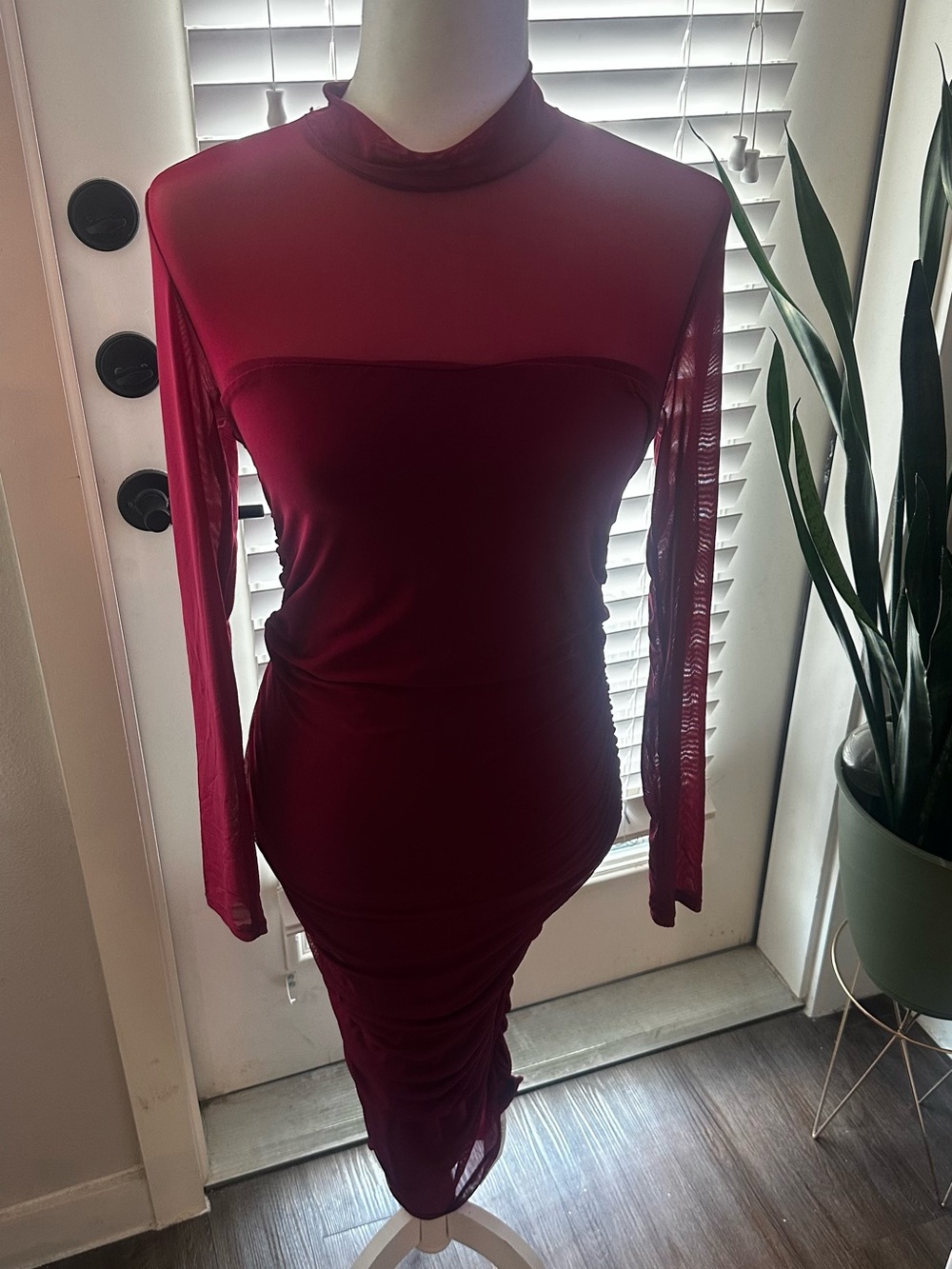 ReoRia Wine Long-Sleeve Sheer Yoke Bodycon Dress